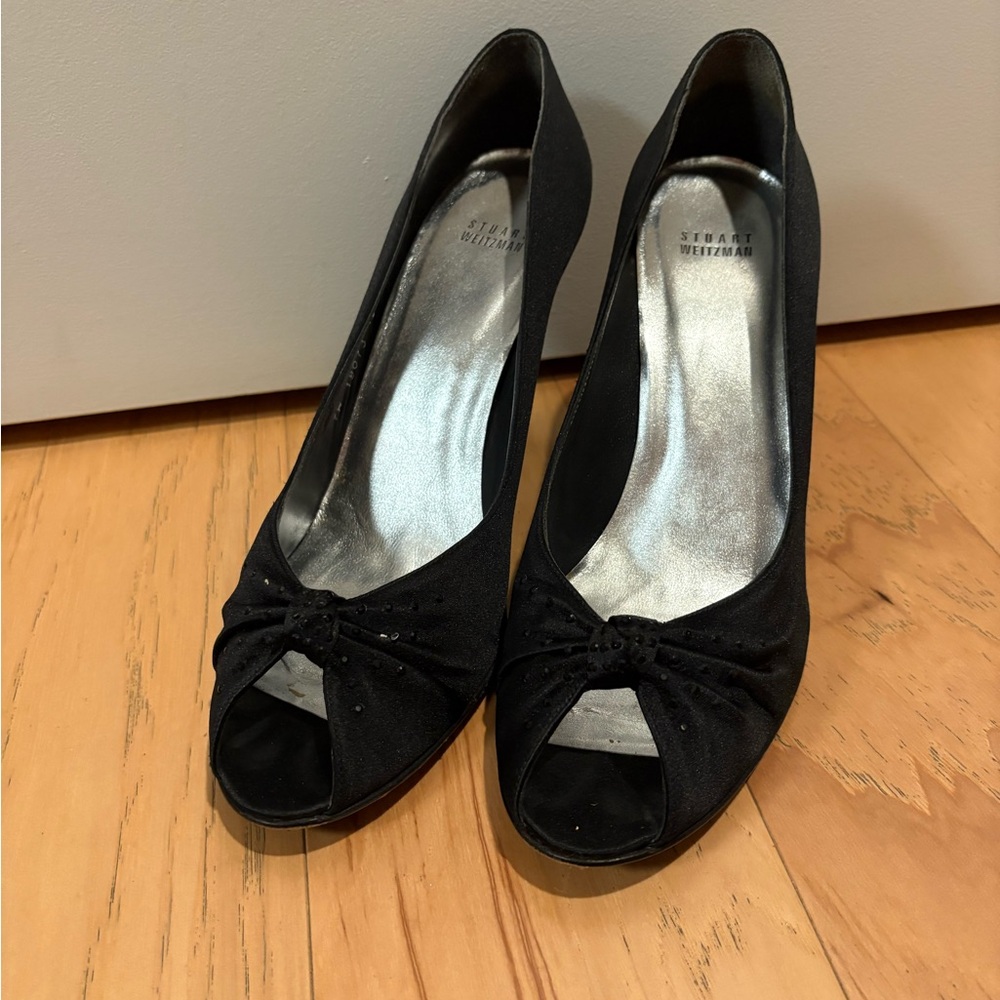 Stuart Weitzman Black Peep Toe Heels with Sequins/Rhinestones